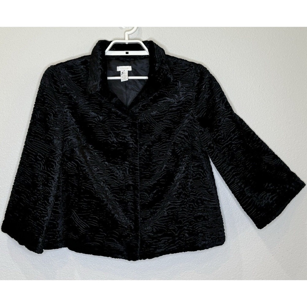 Chico's Womens Velour Short Jacket Size 1 Black Long Sleeve‎ Snap Front Collared